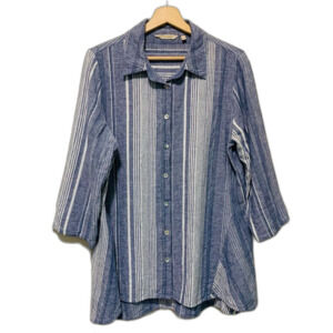 Soft Surroundings Livienne Blue Striped linen cotton Button-Up swing top size L